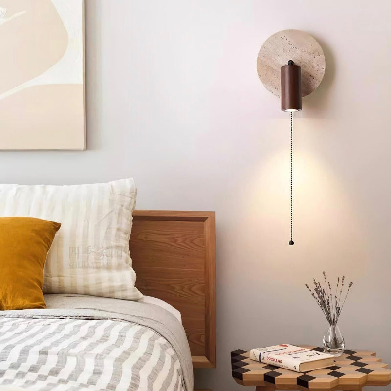 Wabi-Sabi Style Travertine Cylinder Wall Lamp with Pull-chain Switch